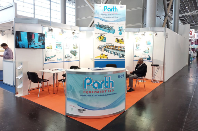 Trade Show Booth Design-expocreators, Expo Creators custom exhibition booth for Parth Equipment Ltd. at Tube Düsseldorf, Germany, featuring innovative trade show design and fabrication services.